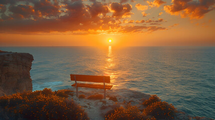 A tranquil coastal cliff at sunset, with waves crashing below and a bench overlooking the vast ocean - Powered by Adobe