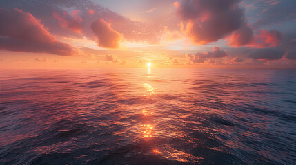 A tranquil sunrise over a calm sea, the horizon line barely distinguishable as the sky and water...
