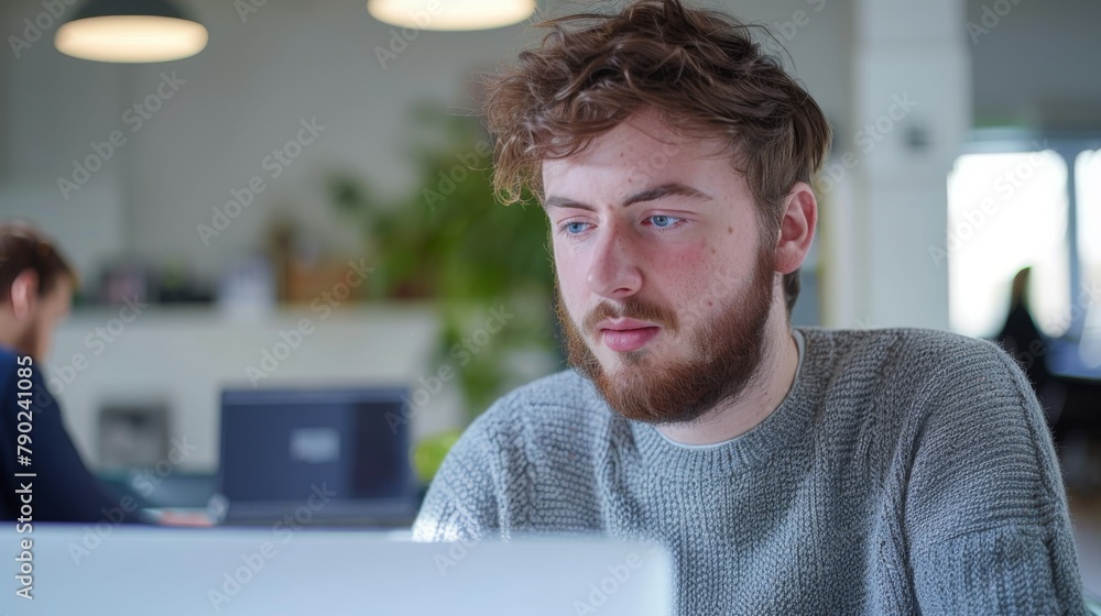 Poster man focused on computer work