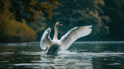 A graceful white swan flapping its wings on the water of a lake