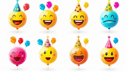 Vibrant birthday emoji vector set: cheerful emoticon party icons on white background, ideal for graphic design projects