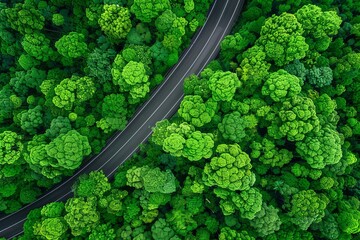 Aerial view of a lush green forest with a winding road, symbolizing sustainable travel and nature's tranquility, concept of eco-tourism
