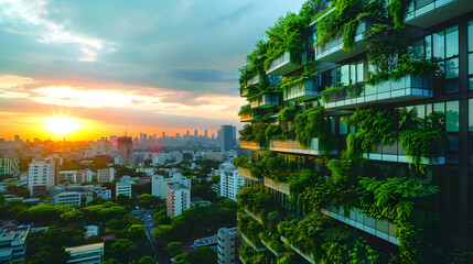 Obraz premium A vertical garden on a residential tower, with each balcony overflowing with green plants, visible against the city skyline