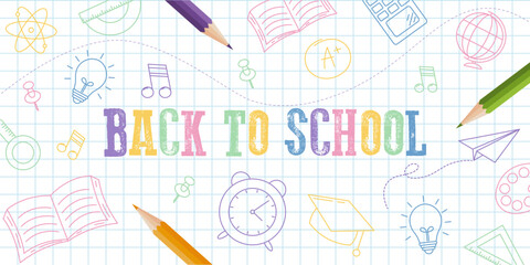 Back to school design template. Background with school supplies icons. Vector illustration.