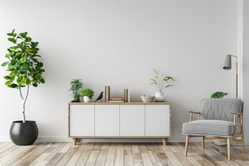 Home Walls. Stylish Minimalist Home Interior with Wooden Commode, Gray Sofa and Indoor Plants....