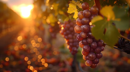 A vineyard at dawn, the rows of vines lit by the low sun, emphasizing the dew on the leaves and the...