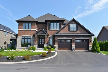 Fototapeta na wymiar House Outside. Luxury Home Exterior with Brick and Siding Trim, Double Garage in Paseo Driveway