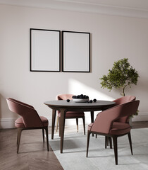 two empty frames mockup, stylish room interior with table and pink chairs, green plant, 3d rendering