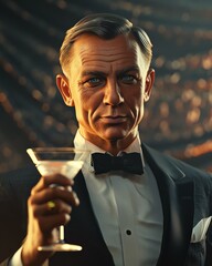 Render a digital 3D model of the iconic James Bond holding a martini glass at a dynamic tilted angle, with dramatic lighting and shadows
