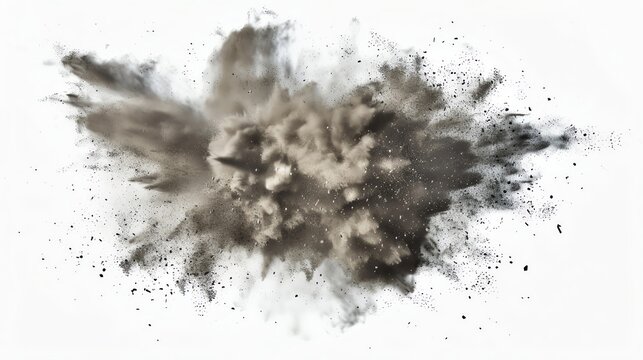 a dust explosion, fine particles in motion, spotlight effect, isolated on white, macro style