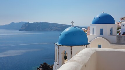 Vacation Island. Santorini, Greece - Oia Town with Iconic Blue Domes and Caldera Views - obrazy, fototapety, plakaty