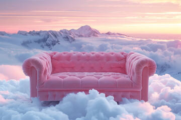 Cozy light pink sofa with  in the clouds - obrazy, fototapety, plakaty