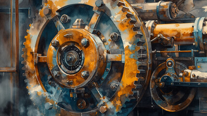 A painting of a machine with gears and bolts