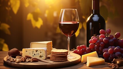 glass of red wine with a cheese assortment grapes crackers and walnuts on a wooden table bathed in...