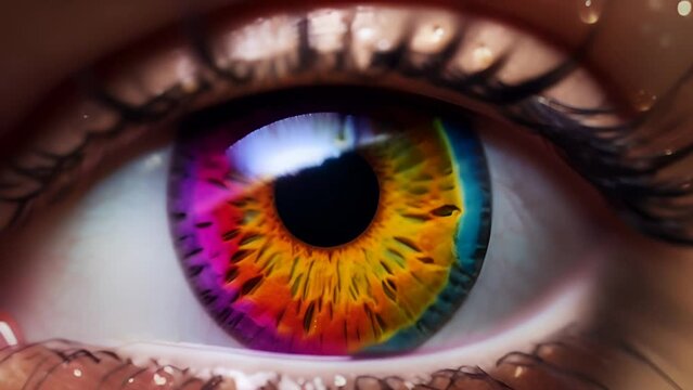 An eye with an rainbow iris	
