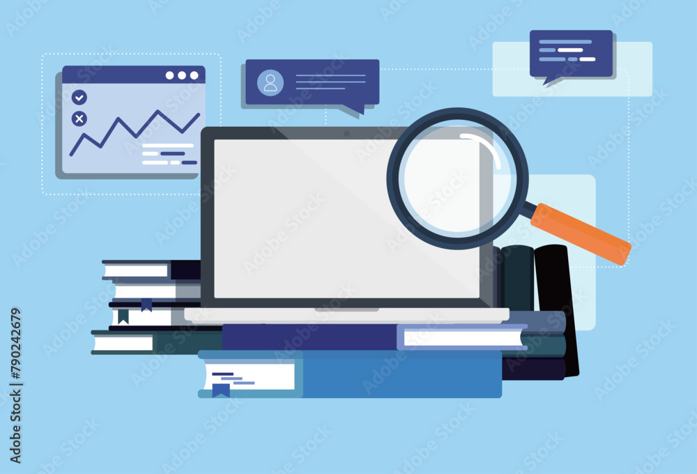 Poster computer with magnifying glass and books.internet web page search engine optimization research vecto