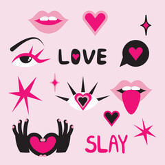 Lips, eyes, hearts, love on a soft pink background