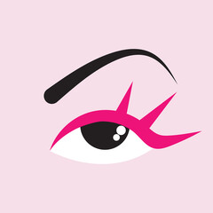 Eye with hot pink makeup on a soft pink background