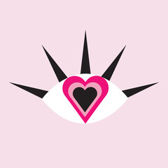 An eye with a pink heart instead of a pupil on a soft pink background