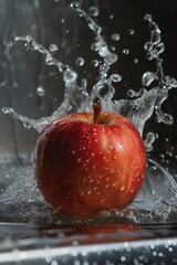 Slowmotion shot of an apple being rinsed under a water splash, emphasizing cleanliness and preparation in food handling, perfect for educational content on healthy eating habits