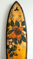 A tropical flowers decorated surfboard.