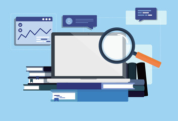 computer with magnifying glass and books.Internet web page search engine optimization research vector concept