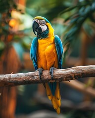 Portrait of a charming parrot perched on a decorated branch, its bright feathers contrasting beautifully against a soft, blurred background, ideal for exotic pet and wildlife photography