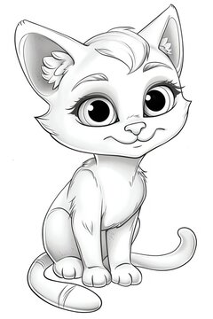 a cartoon kitten for coloring, simple lines, white background, designed for young children