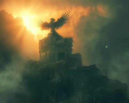 Fantasy scene featuring a phoenix perched majestically atop an ancient ruin, glowing amidst the early morning fog, illustrating themes of history and rebirth, ideal for cinematic and game artwork