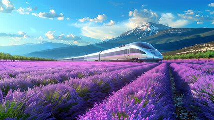 Illustration high speed train in Provence lavender fields.
