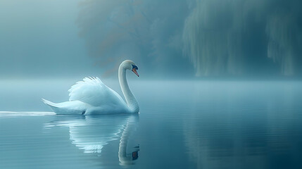 An early morning scene at a serene pond, with mist floating above the water and a lone swan gliding quietly