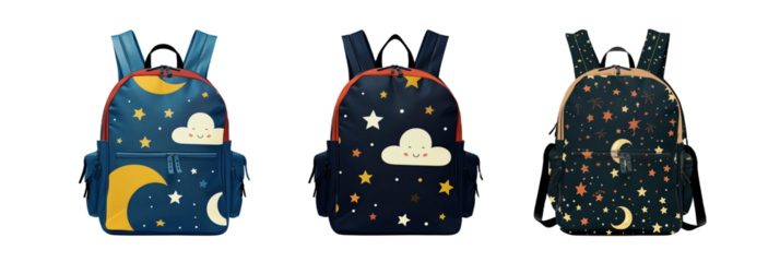 set of different backpacks featuring cartoon-themed patterns with stars, moons, and clouds, isolated on transparent background
