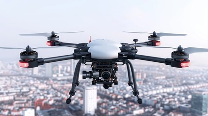 A drone is flying over a city
