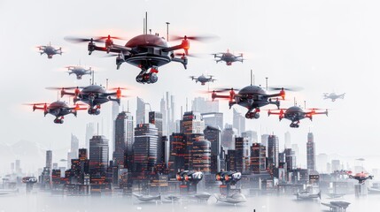 A city is shown with many drones flying over it