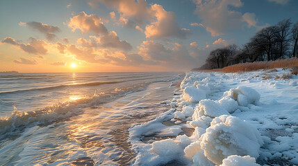 An ice-covered shoreline with chunks of sea ice being pushed onto the beach by the tide, a rare natural event captured in the early morning - obrazy, fototapety, plakaty