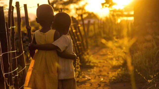 African child gripped by sibling during sunset in village backyard with kraal fence in background