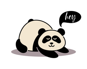 A cute lazy panda with inscription Hey. - 790243451