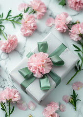 카네이션 꽃과 녹색 리본으로 장식된 선물 박스