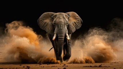 African elephant with dust and sand on black background