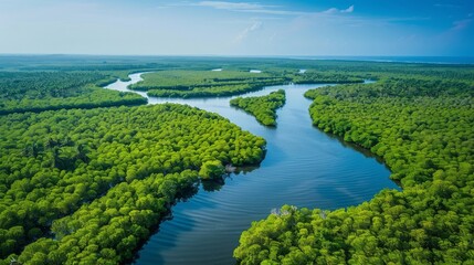 Fototapeta na wymiar Expansive aerial view of lush mangrove forest and winding waterways, epitomizing a thriving ecosystem and the concept of untouched wilderness