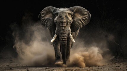 African elephant with dust and sand on black background