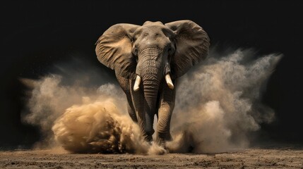 African elephant with dust and sand on black background