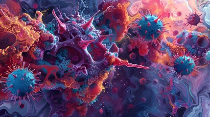 Microscopic view of wrecks on cells. The composition includes elements such as colored macrocells.