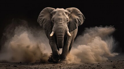 African elephant with dust and sand on black background
