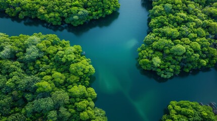 Drone perspective of vibrant green mangrove ecosystem with clear water reflecting the sky, encapsulating the concept of tranquility and untouched nature