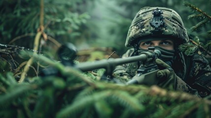 Obraz premium Soldier with a gun equipped with an optical sight concealed among spruce branches in a forest area