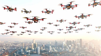 A city with many drones flying over it
