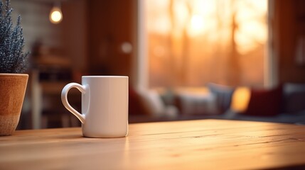 white mug of beverage placed on wooden dining table with chair in cozy room with blurred background at home - obrazy, fototapety, plakaty