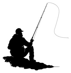 black silhouette of a fisherman without background