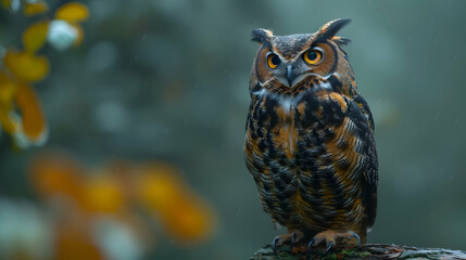 An owl perched on a tree branch during a crisp, foggy morning, its eyes piercing through the mist